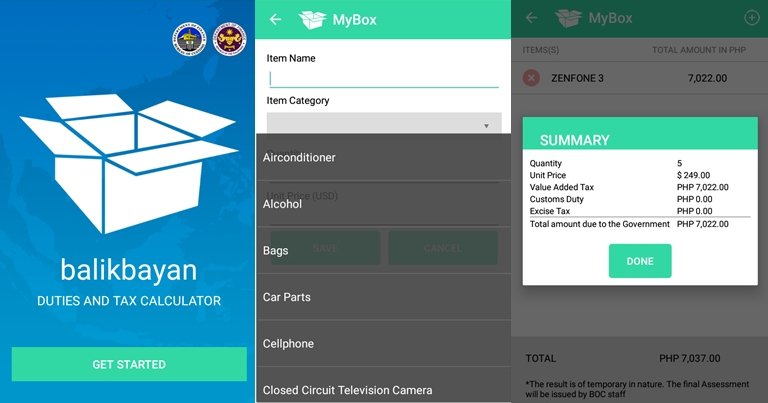 BOC Balikbayan Tax Calculator App (photo from http://www.yugatech.com/)