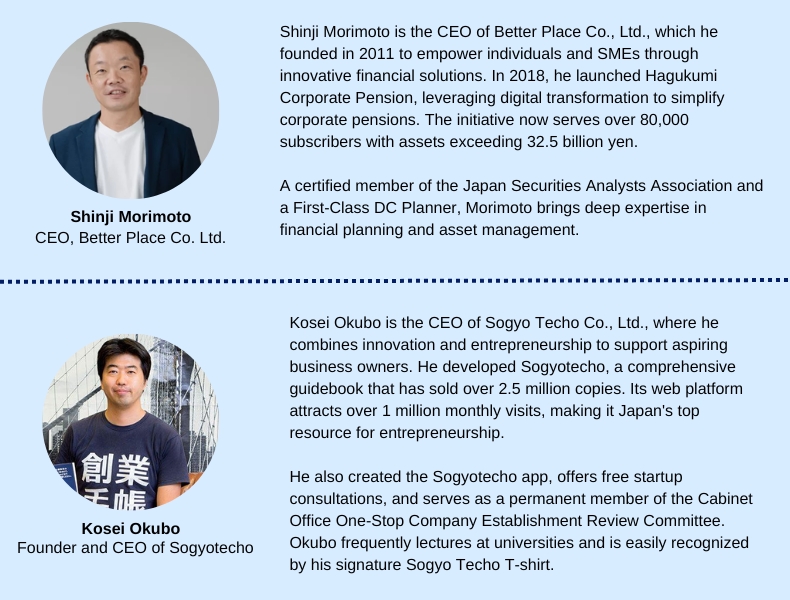 Profile bio of Shinji Morimoto CEO of Better Place and Kosei Okubo Founder and CEO of Sogyotecho and Founder's Guide